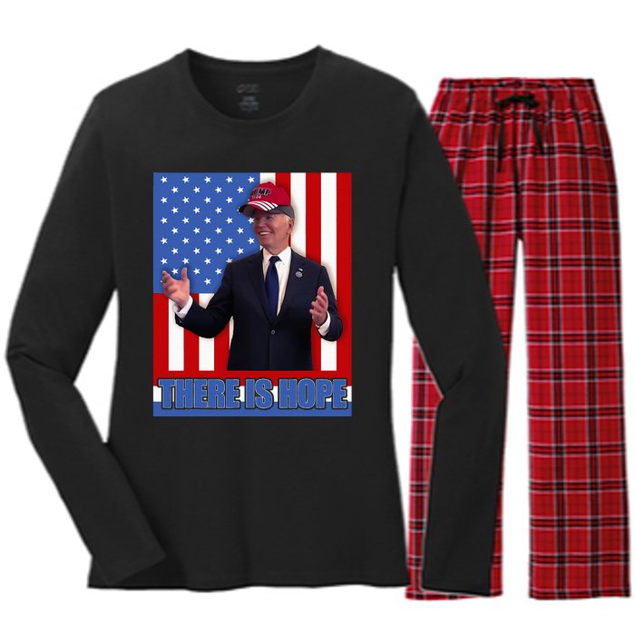 There Is Hope Joe Biden Wearing Trump Hat Women's Long Sleeve Flannel Pajama Set 