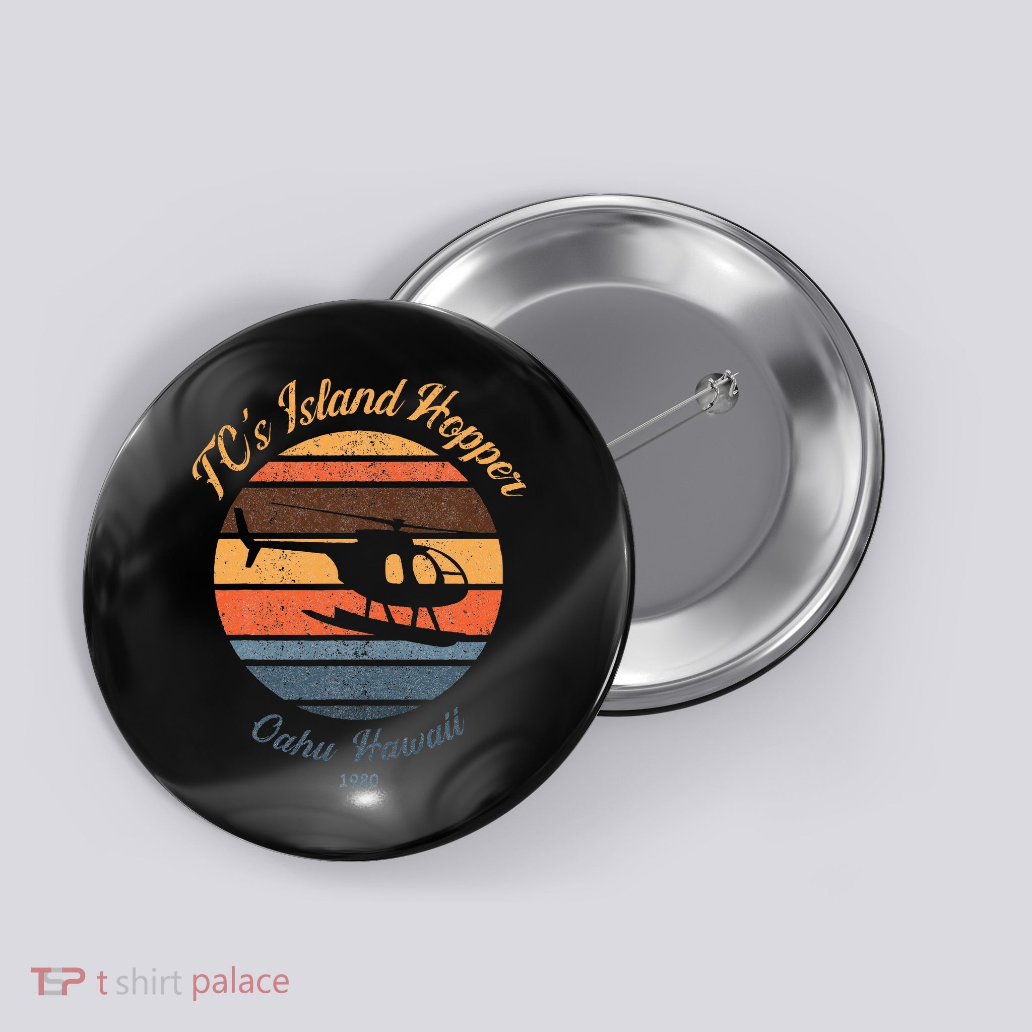 TcS Island Hoppers Helicopter Vintage Sunset 80S Worn Button