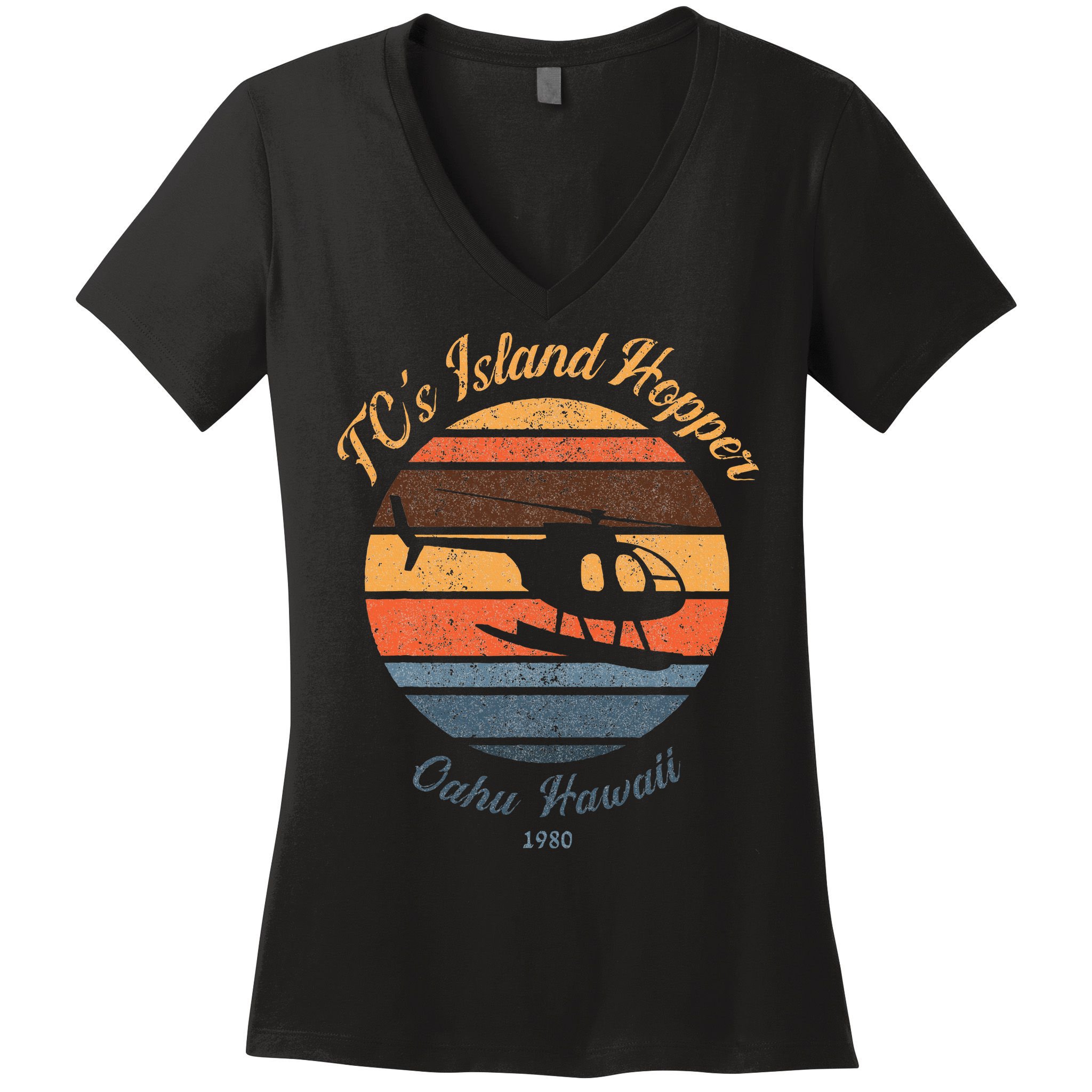 TcS Island Hoppers Helicopter Vintage Sunset 80S Worn Women's V-Neck T-Shirt