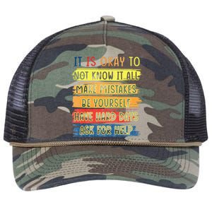 Teacher It Is Okay To Not Know It All Make Mistakes Yourself Retro Rope Trucker Hat Cap