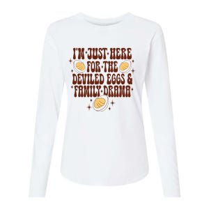 Thanksgiving IM Just Here For The Deviled Eggs Family Drama Womens Cotton Relaxed Long Sleeve T-Shirt