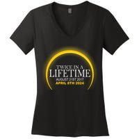 Twice In Lifetime 2024 Solar Eclipse Women's V-Neck T-Shirt