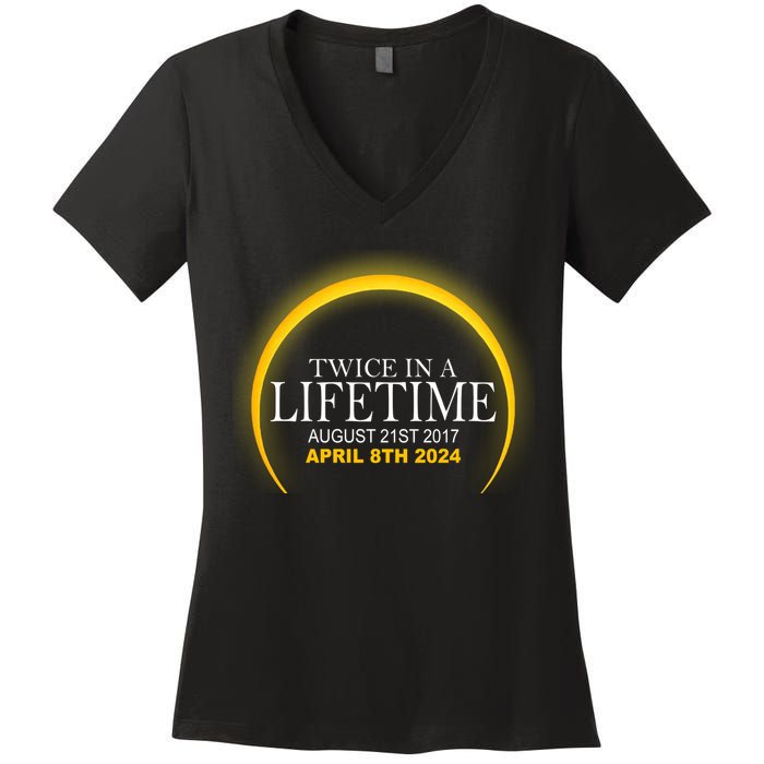 Twice In Lifetime 2024 Solar Eclipse Women's V-Neck T-Shirt