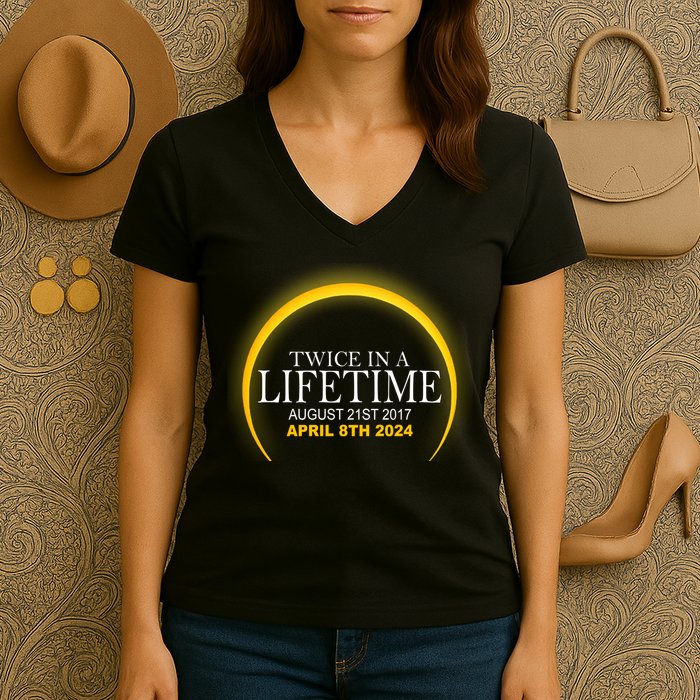 Twice In Lifetime 2024 Solar Eclipse Women's V-Neck T-Shirt