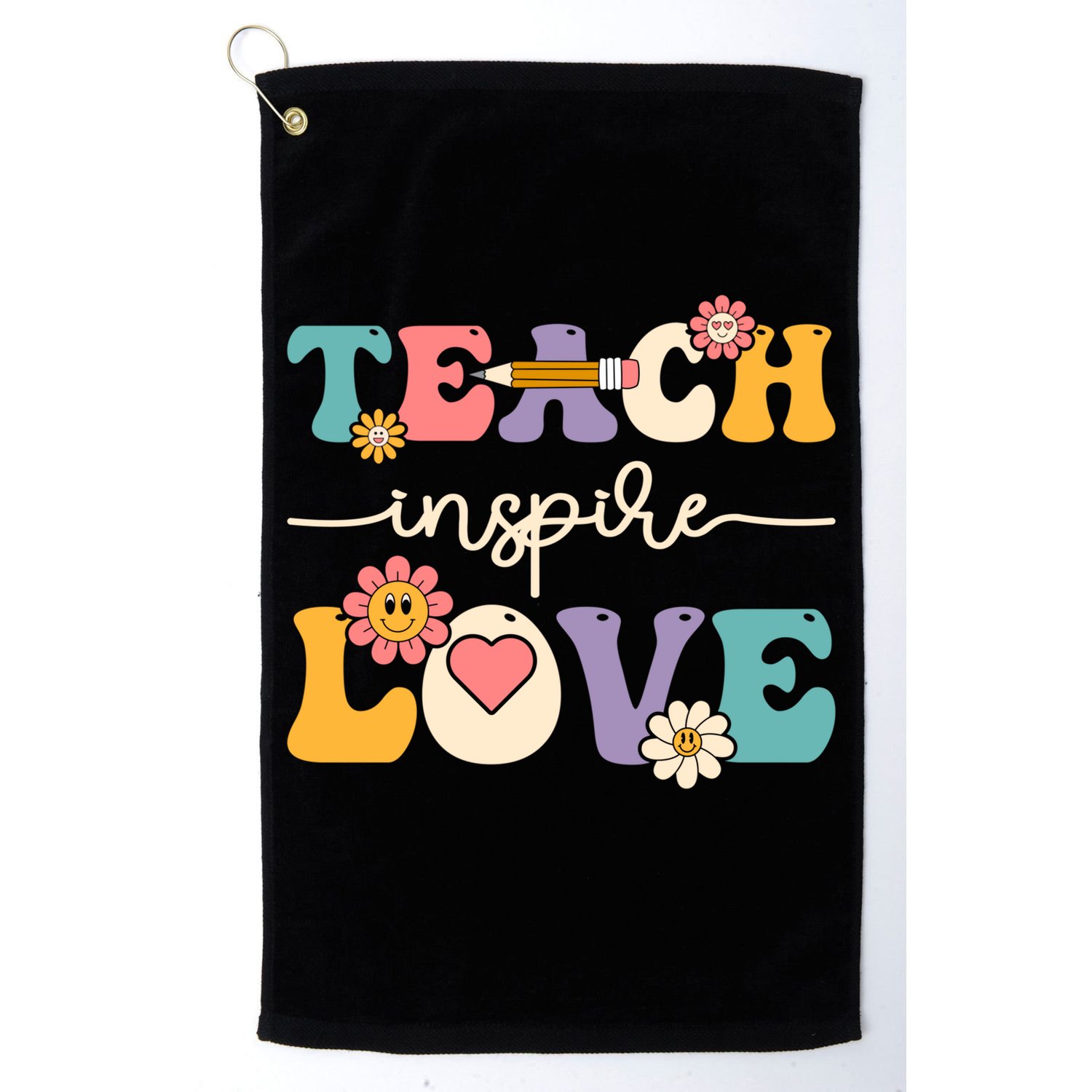Teach Inspire Love Groovy Preschool Kindergarten Teacher Gift Golf Towel
