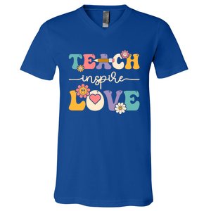 Teach Inspire Love Groovy Preschool Kindergarten Teacher Gift V-Neck T-Shirt