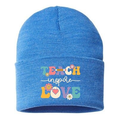 Teach Inspire Love Groovy Preschool Kindergarten Teacher Gift Sustainable Knit Beanie