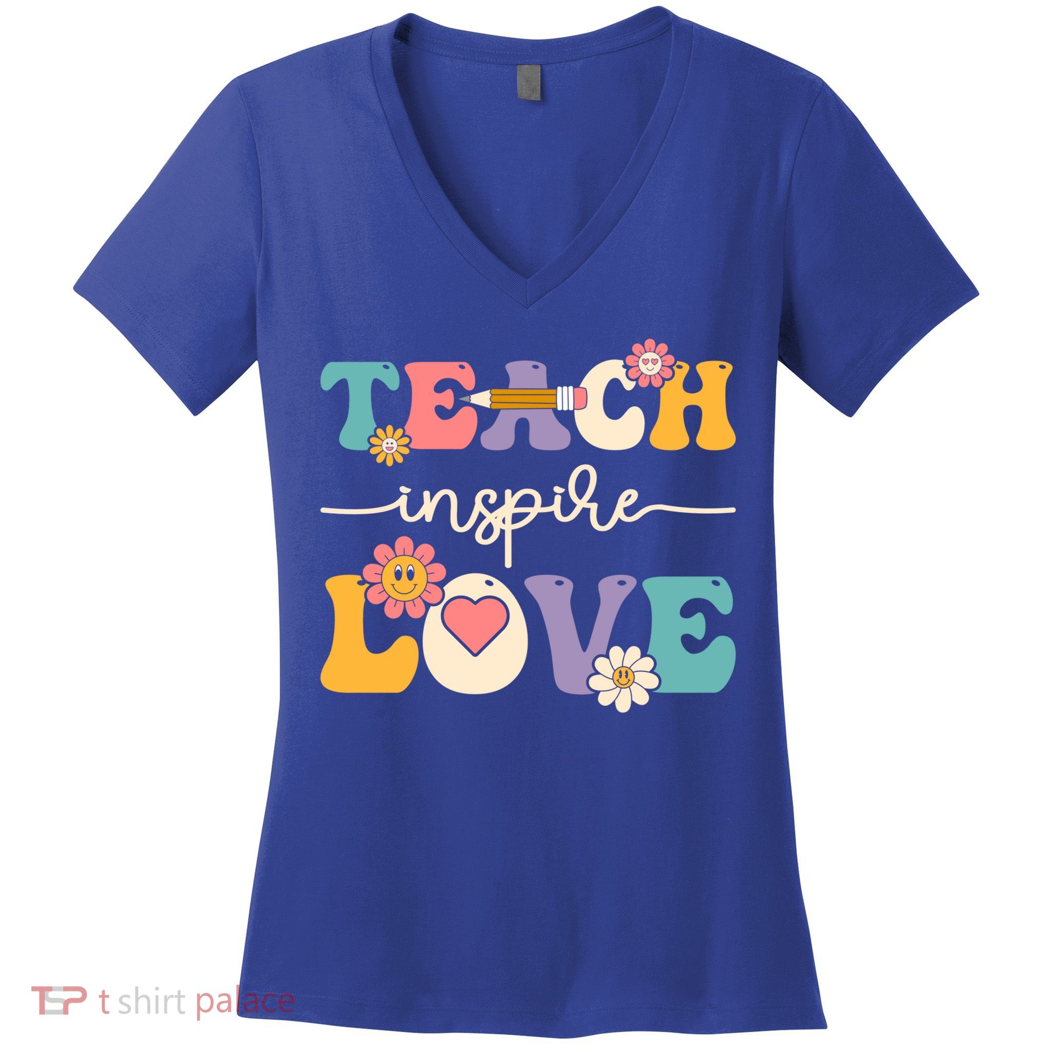 Teach Inspire Love Groovy Preschool Kindergarten Teacher Gift Women's V-Neck T-Shirt