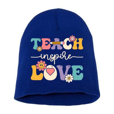 Teach Inspire Love Groovy Preschool Kindergarten Teacher Gift Short Acrylic Beanie