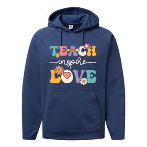 Teach Inspire Love Groovy Preschool Kindergarten Teacher Gift Performance Fleece Hoodie