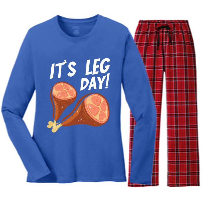 Turkey It's Leg Day Thanksgiving Workout Chicken Legs Funny Gift Women's Long Sleeve Flannel Pajama Set 