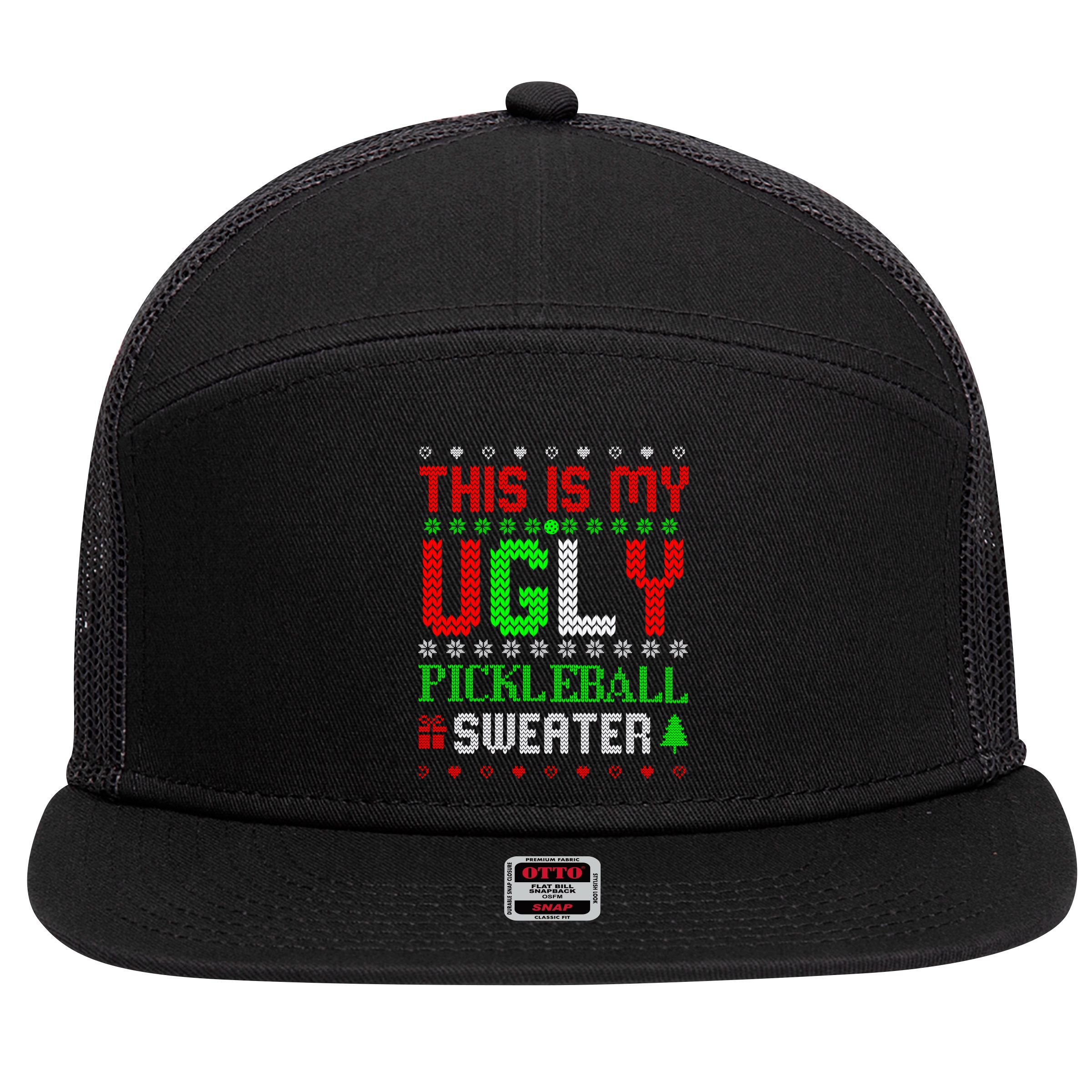 This Is My Ugly Pickleball Sweater Christmas 7 Panel Mesh Trucker Snapback Hat