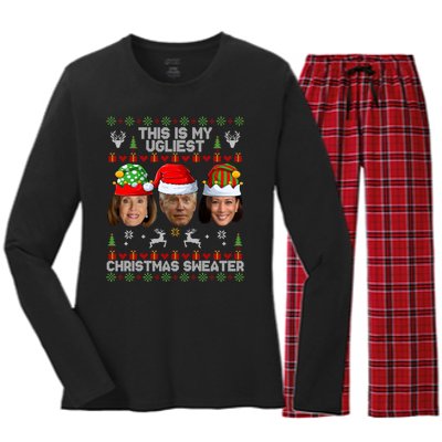 This Is My Ugliest Christmas Sweater Funny Joe Biden Kamala Women's Long Sleeve Flannel Pajama Set 