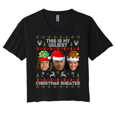 This Is My Ugliest Christmas Sweater Funny Joe Biden Kamala Women's Crop Top Tee