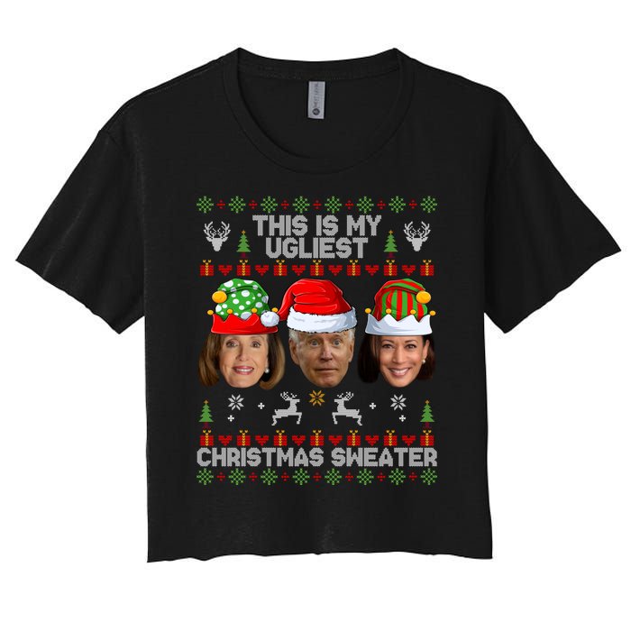 This Is My Ugliest Christmas Sweater Funny Joe Biden Kamala Women's Crop Top Tee