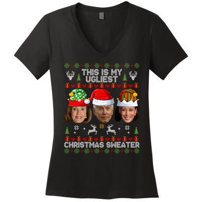 This Is My Ugliest Christmas Sweater Funny Joe Biden Kamala Women's V-Neck T-Shirt