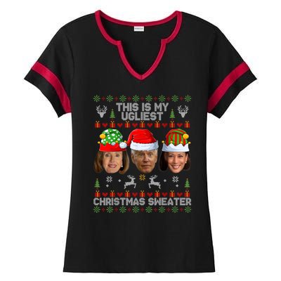 This Is My Ugliest Christmas Sweater Funny Joe Biden Kamala Ladies Halftime Notch Neck Tee