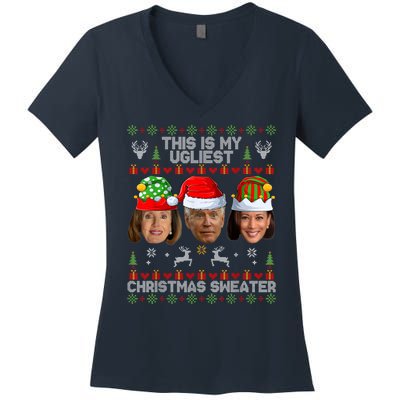 This Is My Ugliest Christmas Sweater Funny Joe Biden Kamala Women's V-Neck T-Shirt