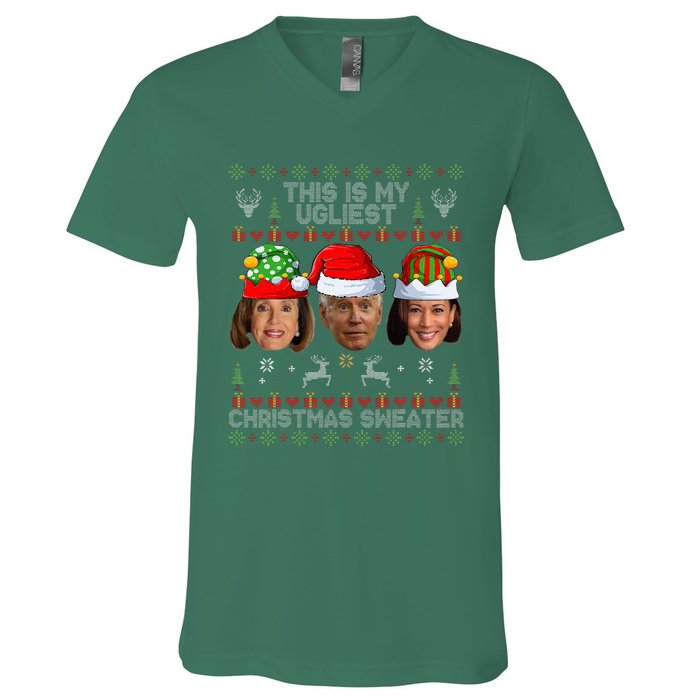 This Is My Ugliest Christmas Sweater Funny Joe Biden Kamala V-Neck T-Shirt