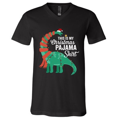 This Is My Christmas Pajama Dinosaur Brontosaurus Xmas Long Sleeve V-Neck T-Shirt