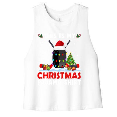 This Is My Christmas Pajama Great Gift Xmas Santa Hockey Player Gift Women's Racerback Cropped Tank