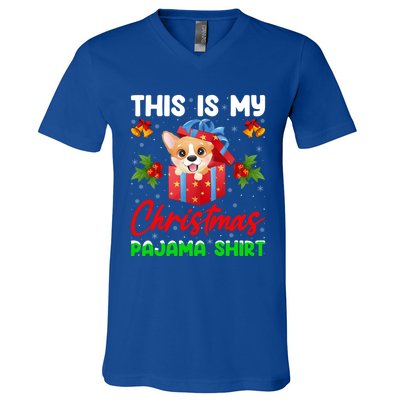 This Is My Christmas Pajamas Lighting Santa Corgi Dog Xmas Gift V-Neck T-Shirt