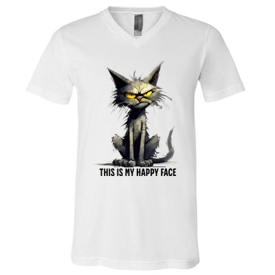 This Is My Happy Face Cat Funny V-Neck T-Shirt