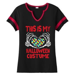 This Is My Halloween Costume Skeleton Hands Autism Awareness Ladies Halftime Notch Neck Tee