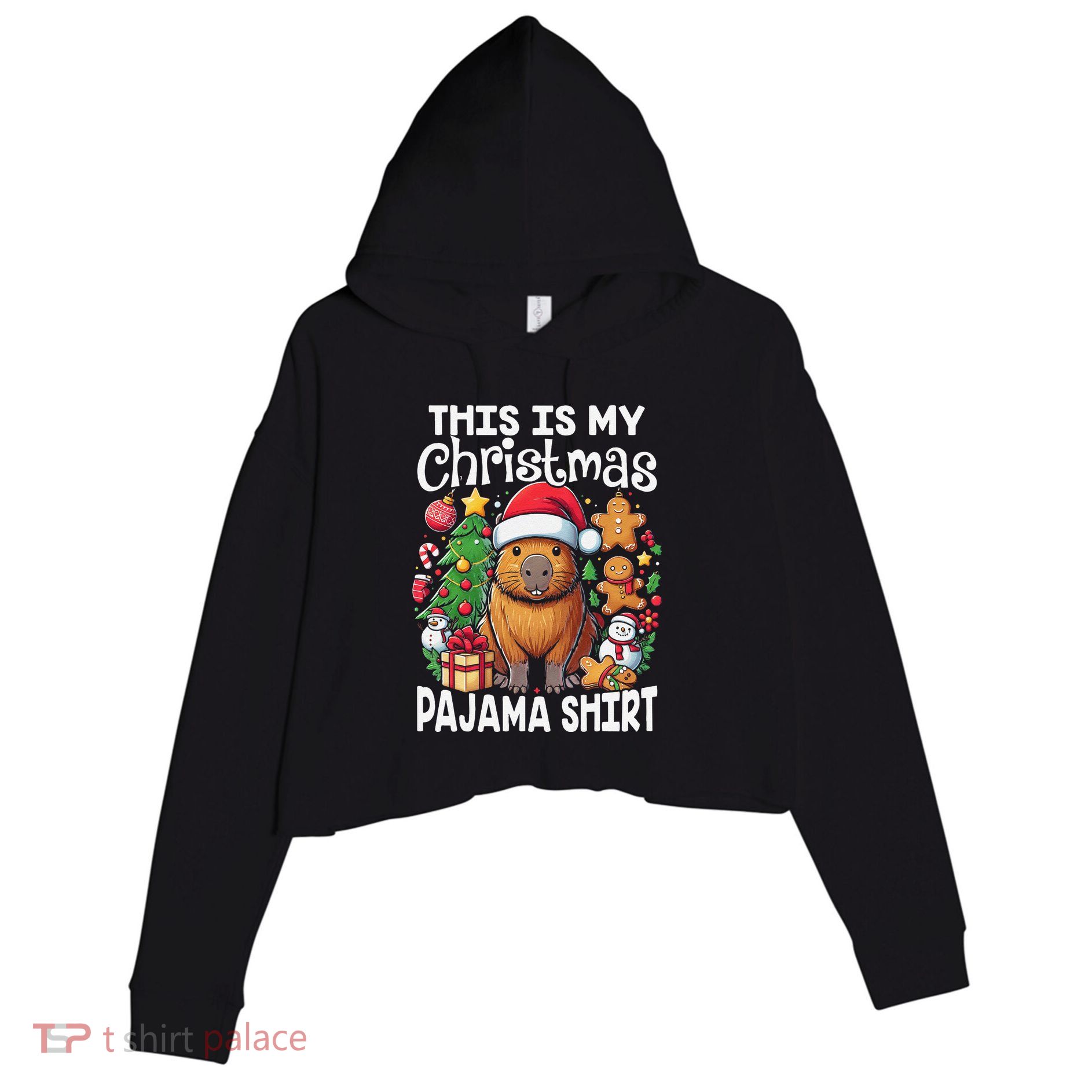 This Is My Christmas Pajama Funny Capybara Xmas Pjs Crop Fleece Hoodie