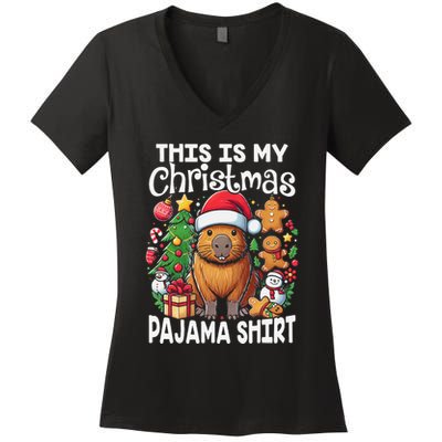 This Is My Christmas Pajama Funny Capybara Xmas Pjs Women's V-Neck T-Shirt