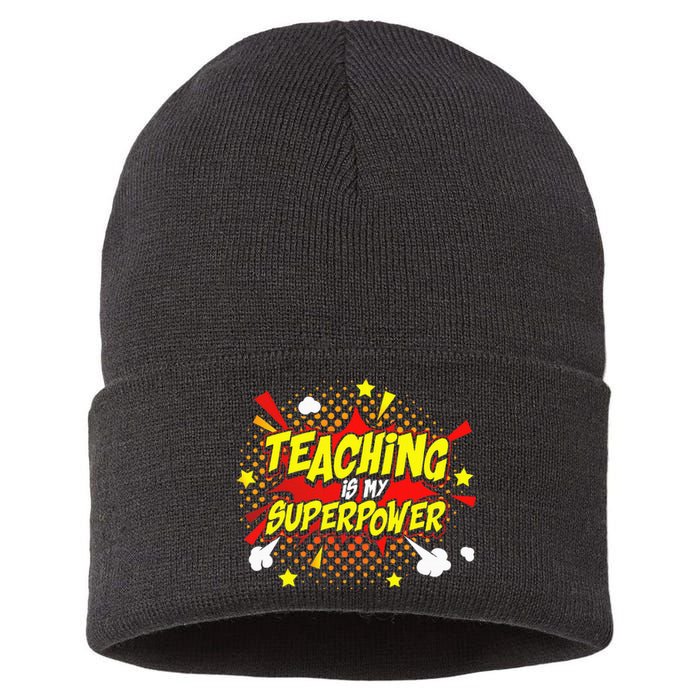 Teaching Is My Superpower Retro Comic Teacher Sustainable Knit Beanie