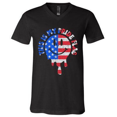 This Is My Pride Flag USA Happy Face American 4th Of July V-Neck T-Shirt