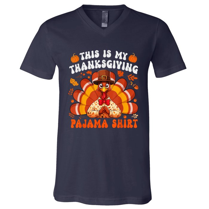 This Is My Thanksgiving Pajama Happy Turkey Hat Thanksgiving V-Neck T-Shirt