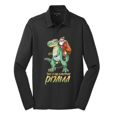 This Is My Christmas Pijama Santa Riding T Rex Silk Touch Performance Long Sleeve Polo