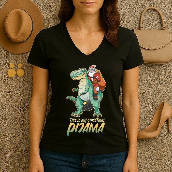 This Is My Christmas Pijama Santa Riding T Rex Women's V-Neck T-Shirt