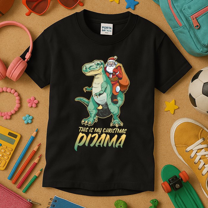 This Is My Christmas Pijama Santa Riding T Rex Kids T-Shirt