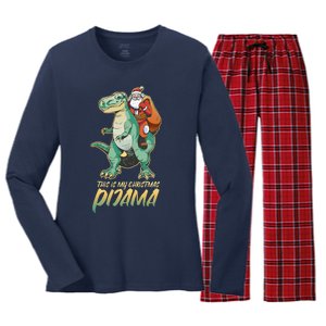 This Is My Christmas Pijama Santa Riding T Rex Women's Long Sleeve Flannel Pajama Set 