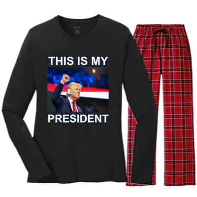 This Is My President 2024 Funny Political Quotes Women's Long Sleeve Flannel Pajama Set 