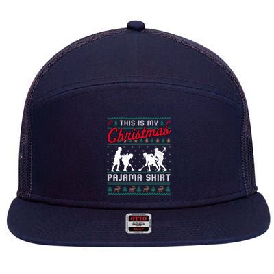 This Is My Christmas Pajama Lacrosse Ugly Sweater Funny 7 Panel Mesh Trucker Snapback Hat