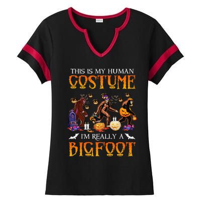 This Is My Human Costume Im Really Bigfoot Halloween Gift Ladies Halftime Notch Neck Tee