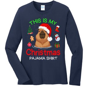 This Is My Christmas Pajama Funny Capybara Xmas Pjs Ladies Long Sleeve Shirt