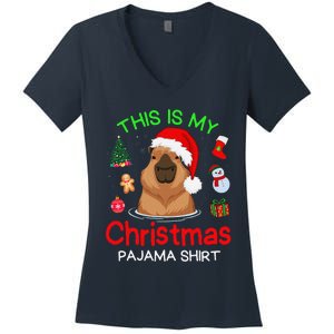 This Is My Christmas Pajama Funny Capybara Xmas Pjs Women's V-Neck T-Shirt