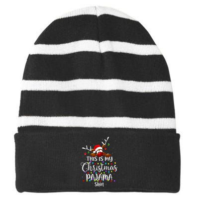 This Is My Christmas Pajama Xmas Lights Funny Holiday Striped Beanie with Solid Band