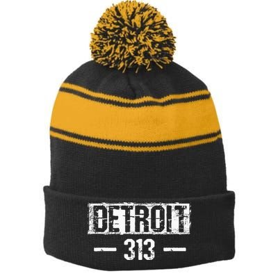 This Is My Detroit 313 Michigan Distressed Stripe Pom Pom Beanie