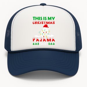 This Is My Christmas Pajama Ice Hockey Santa Hat Xmas Lights Gift Trucker Hat