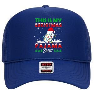 This Is My Christmas Pajama Ice Hockey Santa Hat Xmas Lights Gift High Crown Mesh Back Trucker Hat