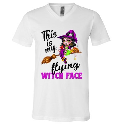 This Is My Flying Witch Face Cute Goth Witch On Broomstick Gift V-Neck T-Shirt