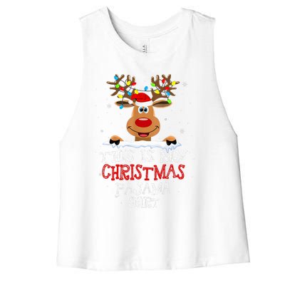 This Is My Christmas Pajama Funny Christmas Reindeer  Women's Racerback Cropped Tank