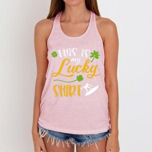 This Is My Lucky Surfing Shamrock Gift St Patricks Day Funny Gift Women's Knotted Racerback Tank