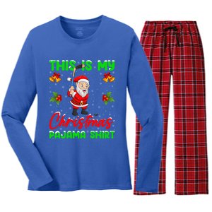 This Is My Christmas Pajamas Santa Playing Ice Hockey Xmas Great Gift Women's Long Sleeve Flannel Pajama Set 